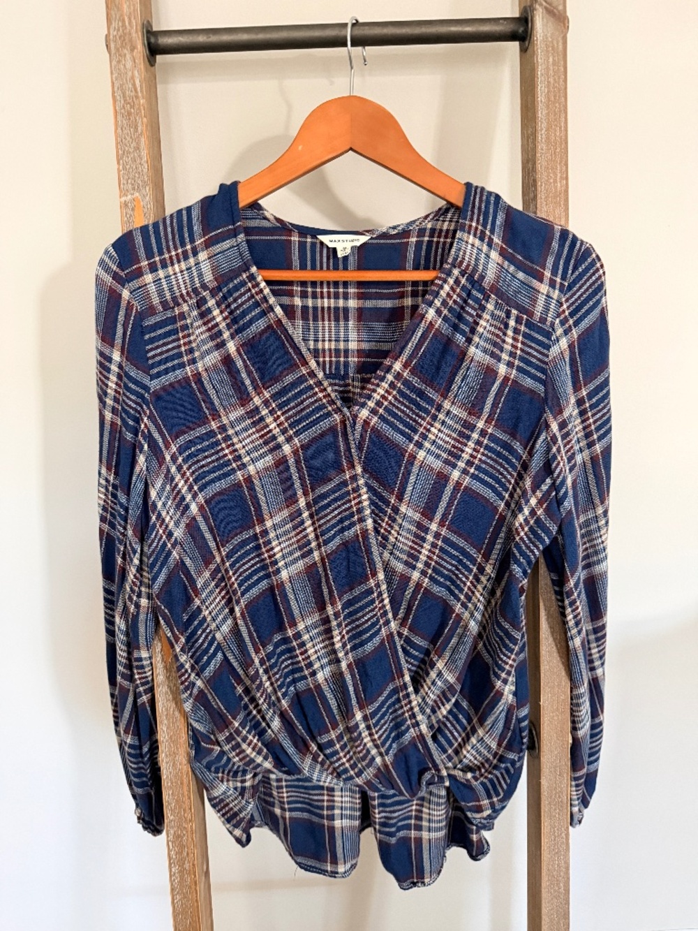 Plaid Long Sleeve Wrap Blouse